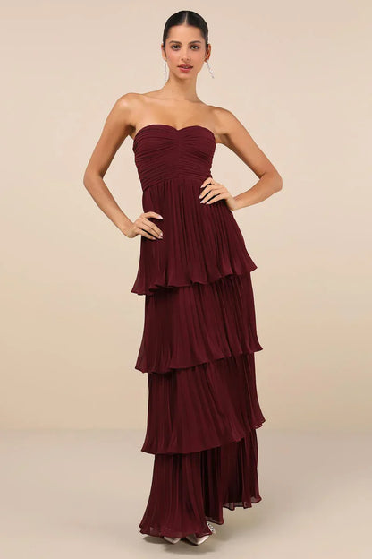 Amora™ Abito Lungo Strapless a Strati Prugna