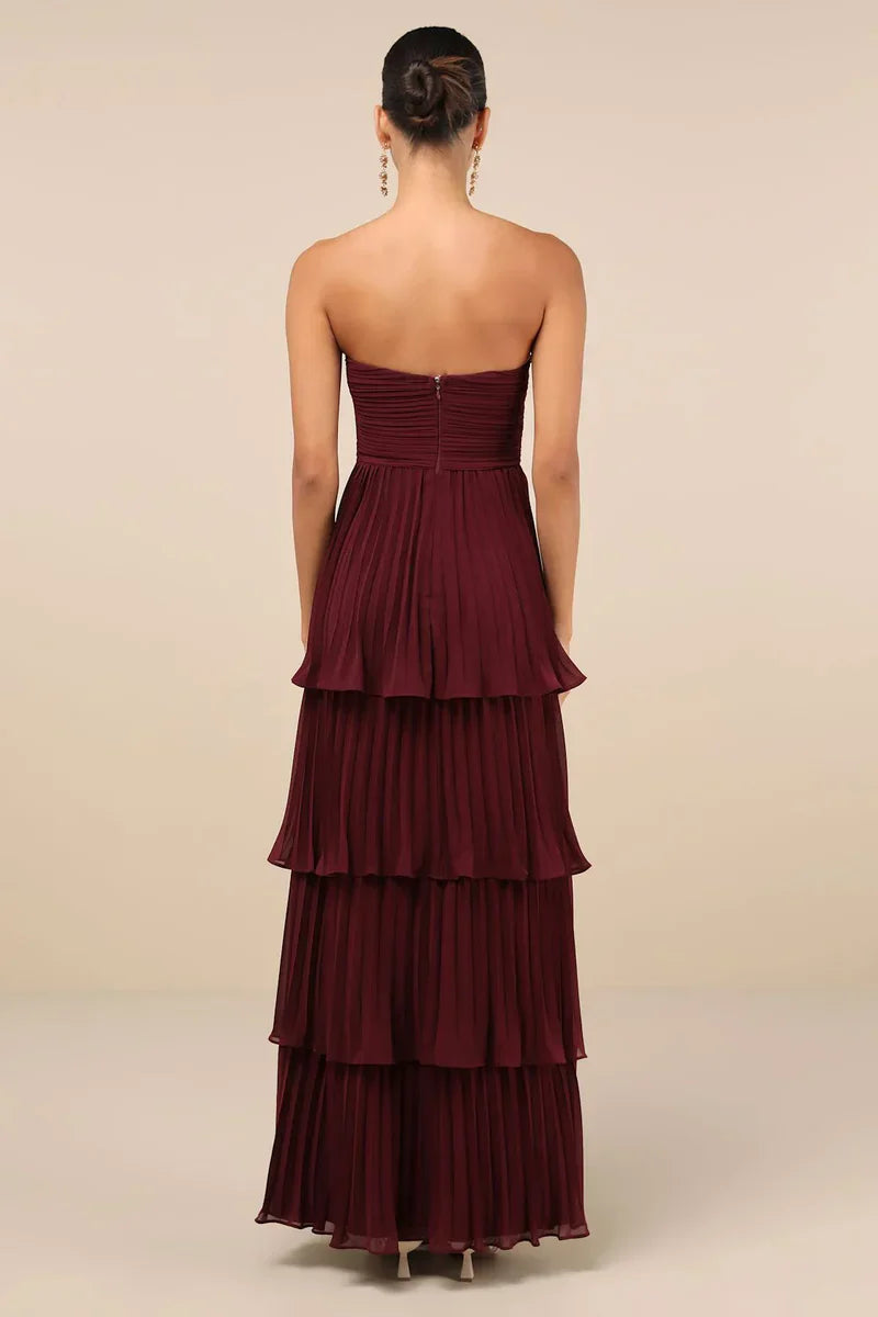 Amora™ Abito Lungo Strapless a Strati Prugna
