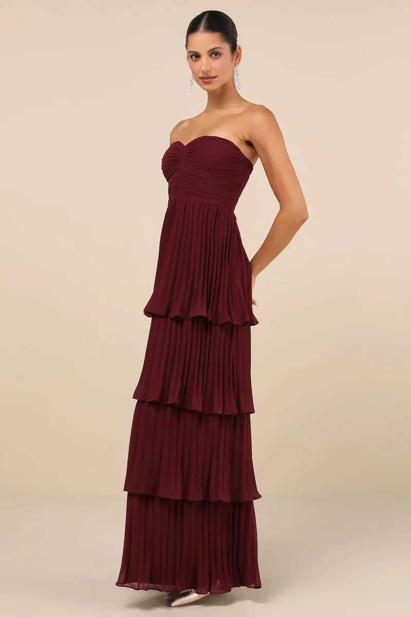 Amora™ Abito Lungo Strapless a Strati Prugna