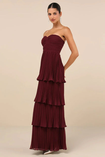 Amora™ Abito Lungo Strapless a Strati Prugna