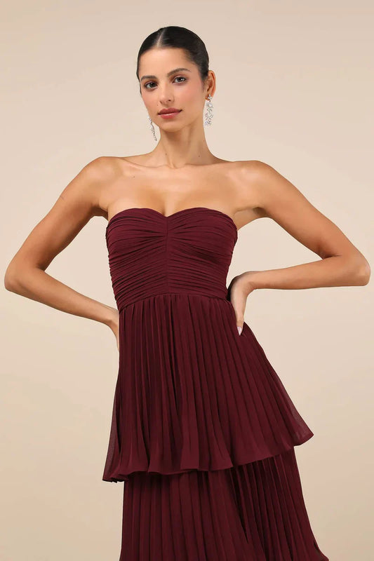 Amora™ Abito Lungo Strapless a Strati Prugna