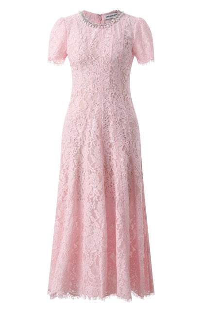 Amora™ Abito Midi in Pizzo Blush Grace – Eleganza Rosa Cipria