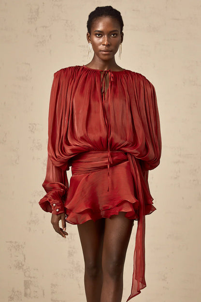 Amora™ Blusa in Raso Drappeggiata Crimson Elegance