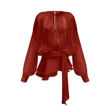 Amora™ Blusa in Raso Drappeggiata Crimson Elegance