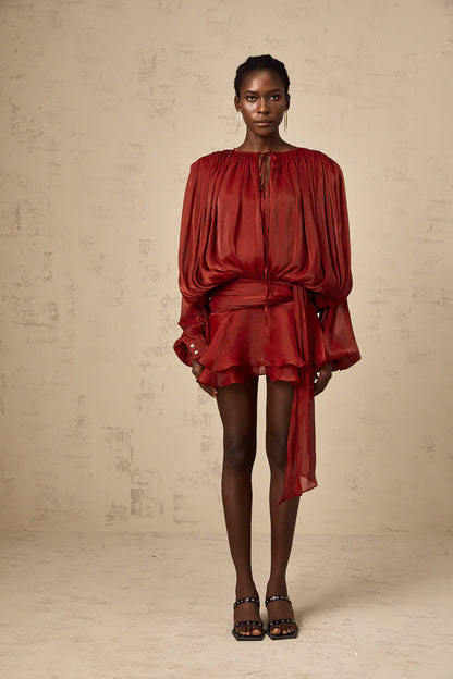 Amora™ Blusa in Raso Drappeggiata Crimson Elegance