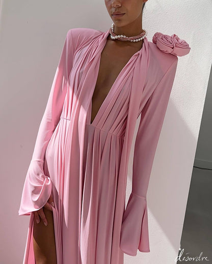 Amora™ Rosé Bloom Abito Maxi Drappeggiato a Maniche Lunghe – Rosa Cipria