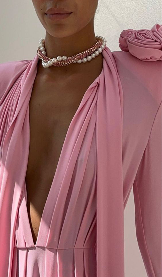 Amora™ Rosé Bloom Abito Maxi Drappeggiato a Maniche Lunghe – Rosa Cipria