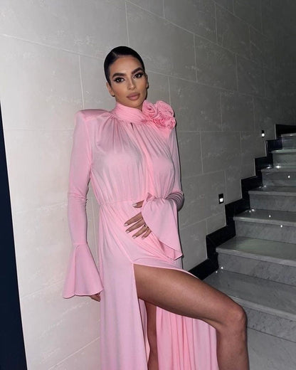 Amora™ Rosé Bloom Abito Maxi Drappeggiato a Maniche Lunghe – Rosa Cipria