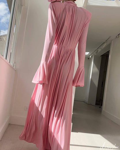 Amora™ Rosé Bloom Abito Maxi Drappeggiato a Maniche Lunghe – Rosa Cipria