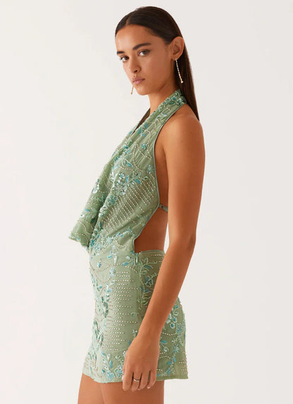 Amora™ Mint Sparkle Mini Abito Scintillante con Collo Drappeggiato