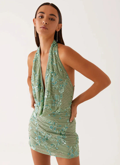 Amora™ Mint Sparkle Mini Abito Scintillante con Collo Drappeggiato