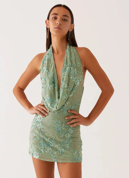 Amora™ Mint Sparkle Mini Abito Scintillante con Collo Drappeggiato