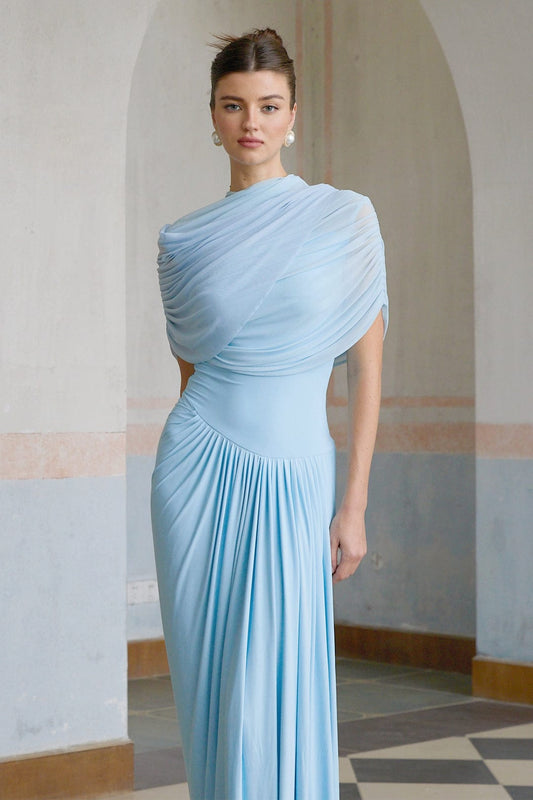 Amora™ Abito Maxi Plissettato Asimmetrico Blu
